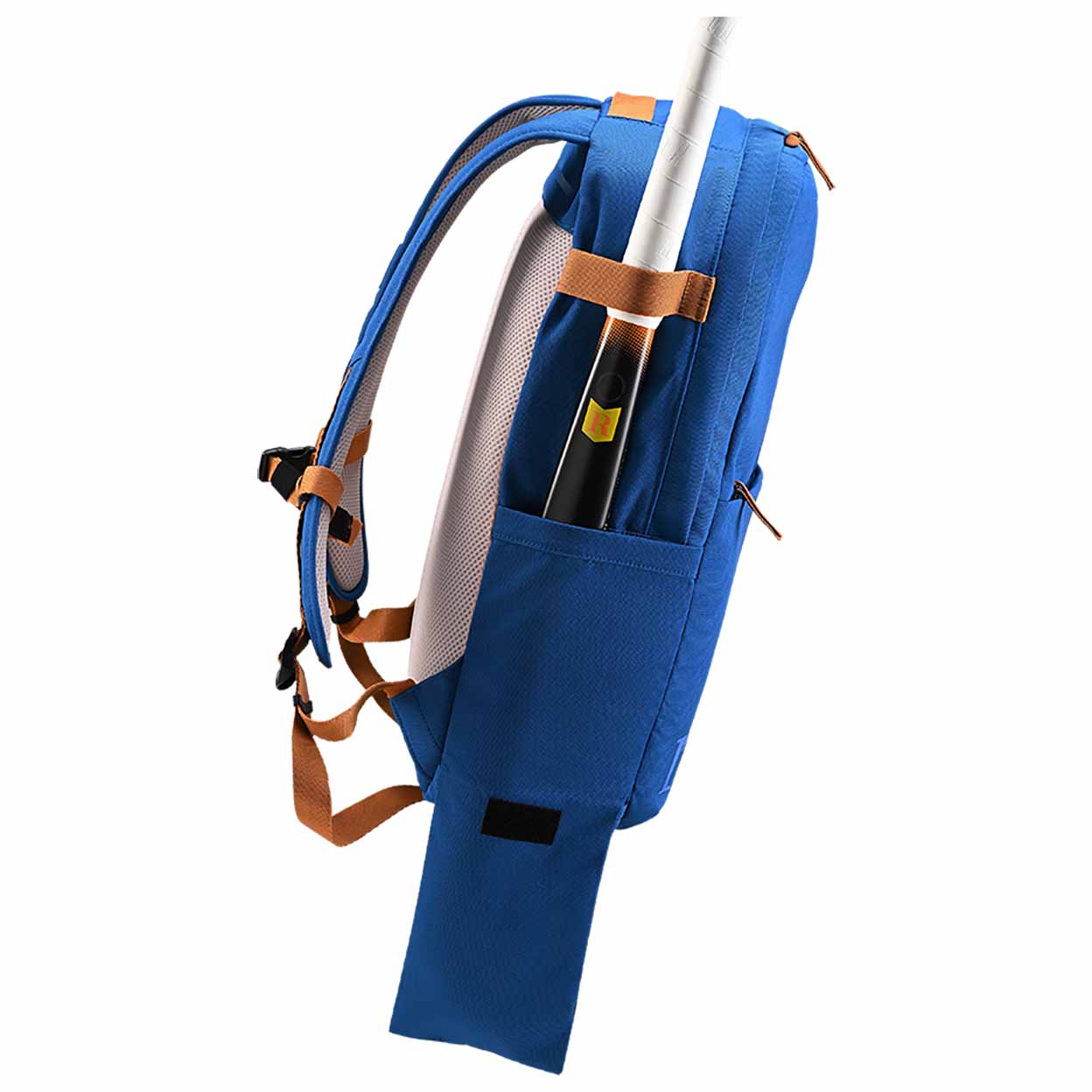 Blue backpack with a white stick and brown straps on a white background