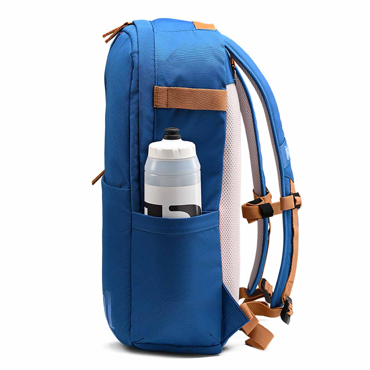 Blue backpack with a water bottle in the side pocket on a white background