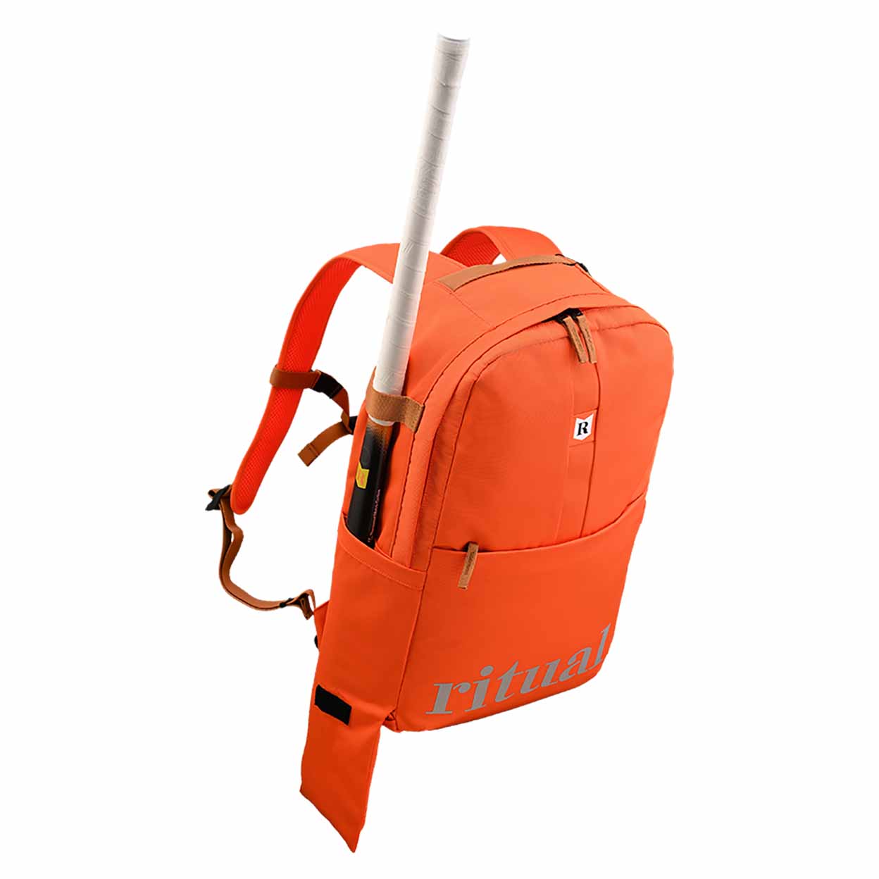 Orange backpack with a white stick on a white background