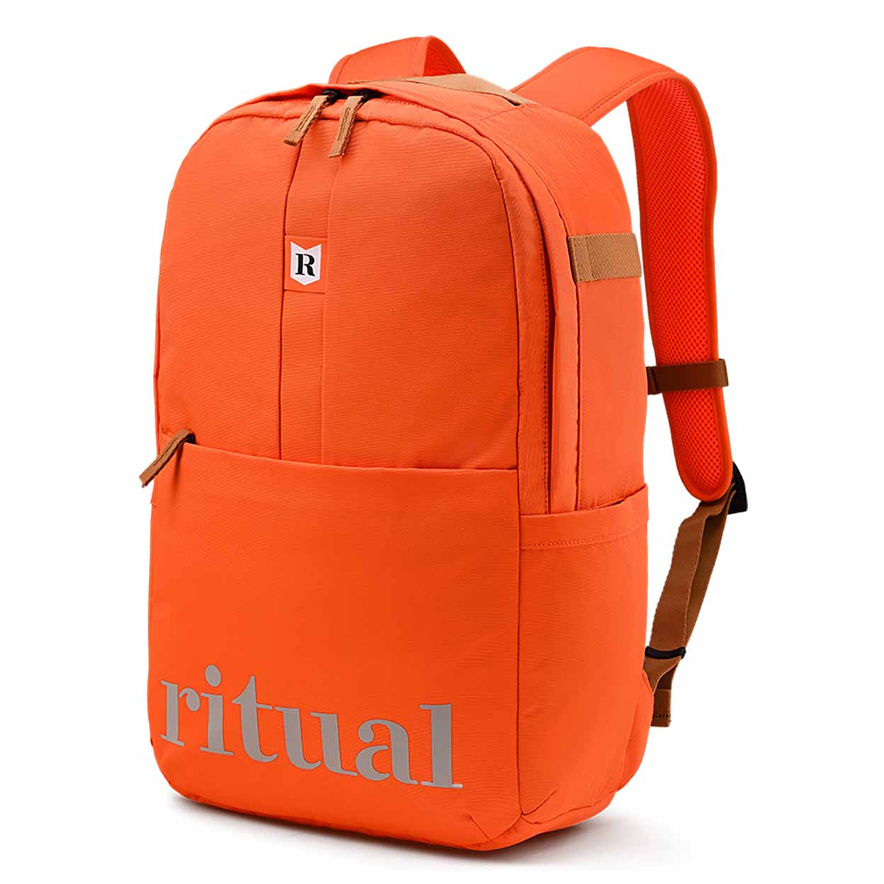 Orange backpack with 'ritual' branding on a white background