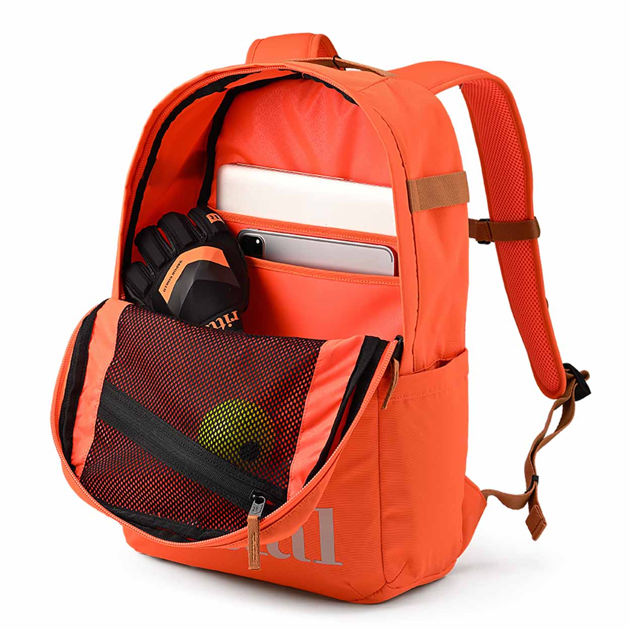 open Orange backpack with 'ritual' branding on a white background