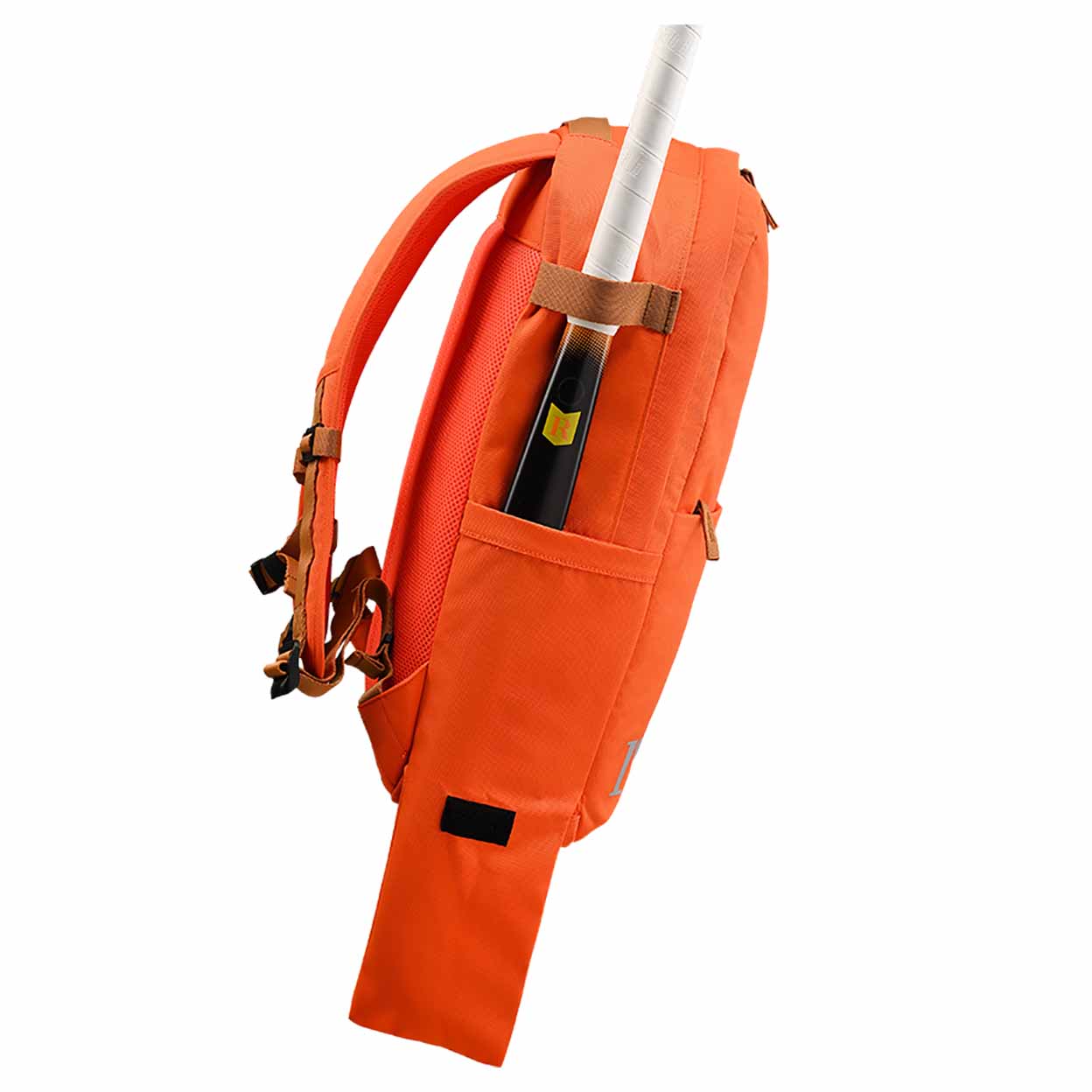 Orange backpack with a field hockey stick inside on a white background