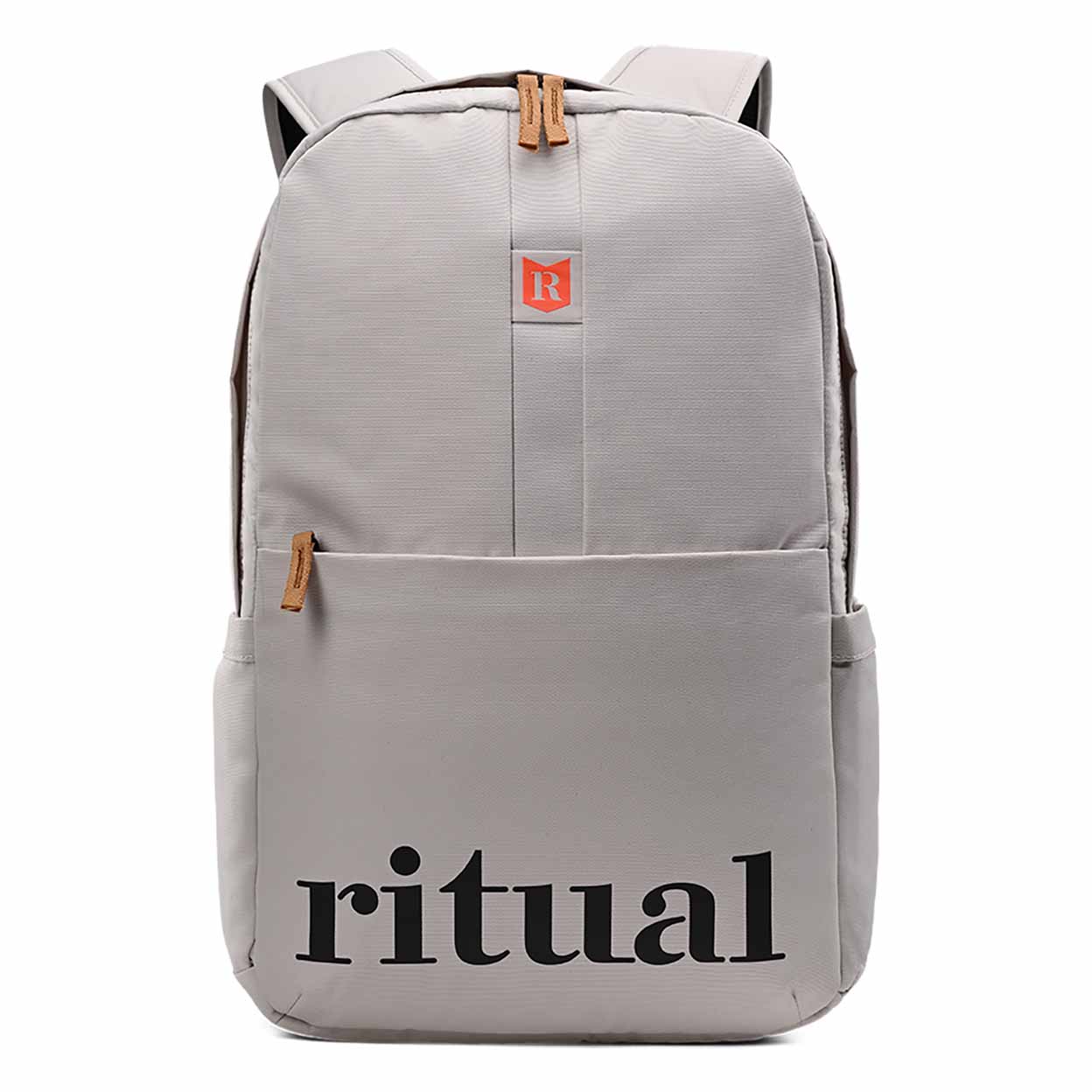 Gray backpack with 'ritual' branding on a white background