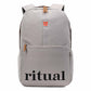 Gray backpack with 'ritual' branding on a white background