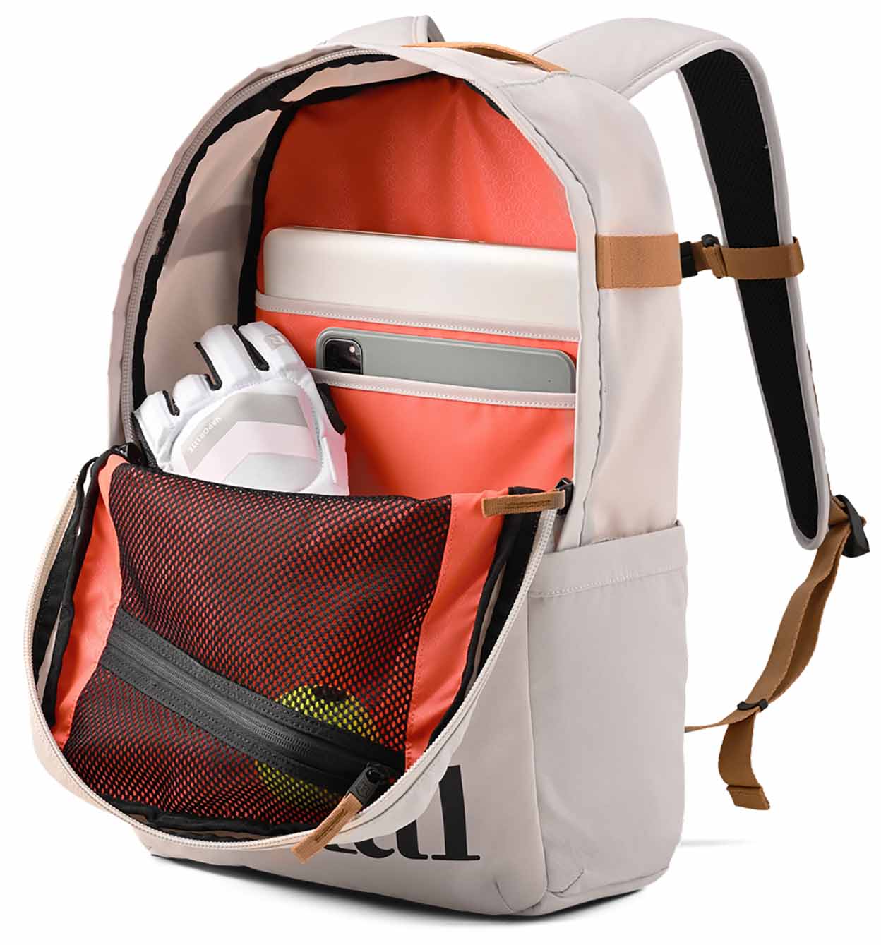 Backpack with orange interior and visible brand logo on a white background