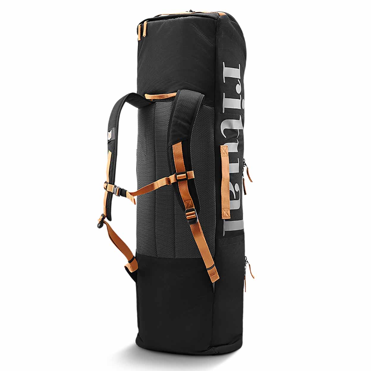 Black hockey stick backpack with brown straps on a white background