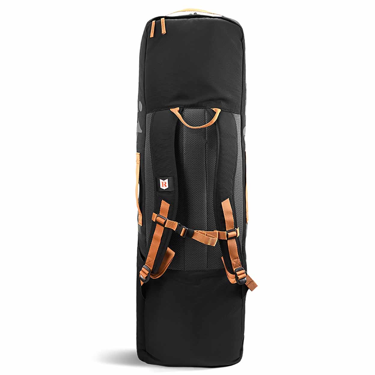 Black and brown backpack with multiple straps on a white background