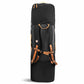 Black and brown backpack with multiple straps on a white background