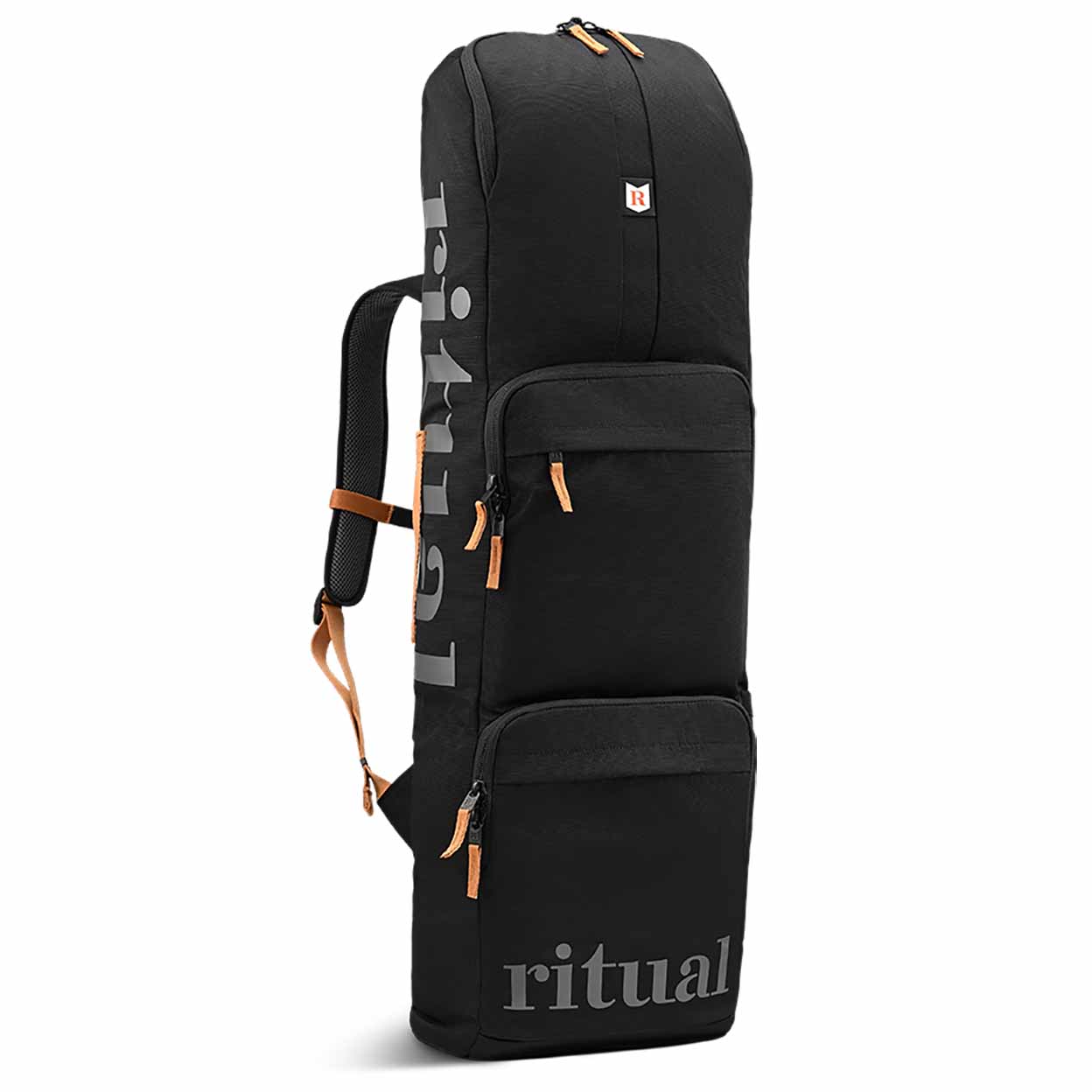 Black hockey stick backpack with brown straps on a white background