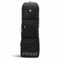 Black hockey stick backpack with brown straps on a white background