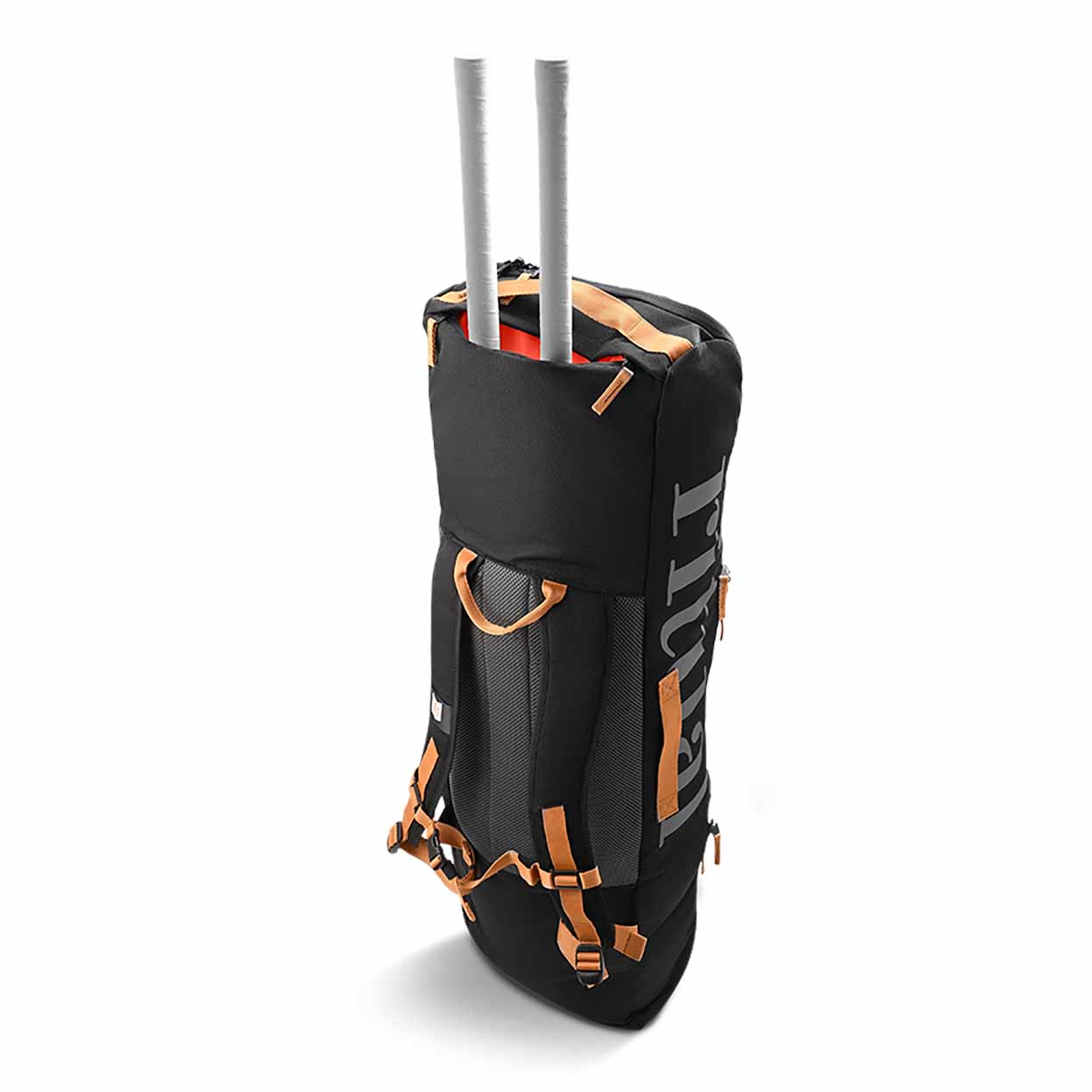 Back of the Black hockey stick backpack with brown straps on a white background