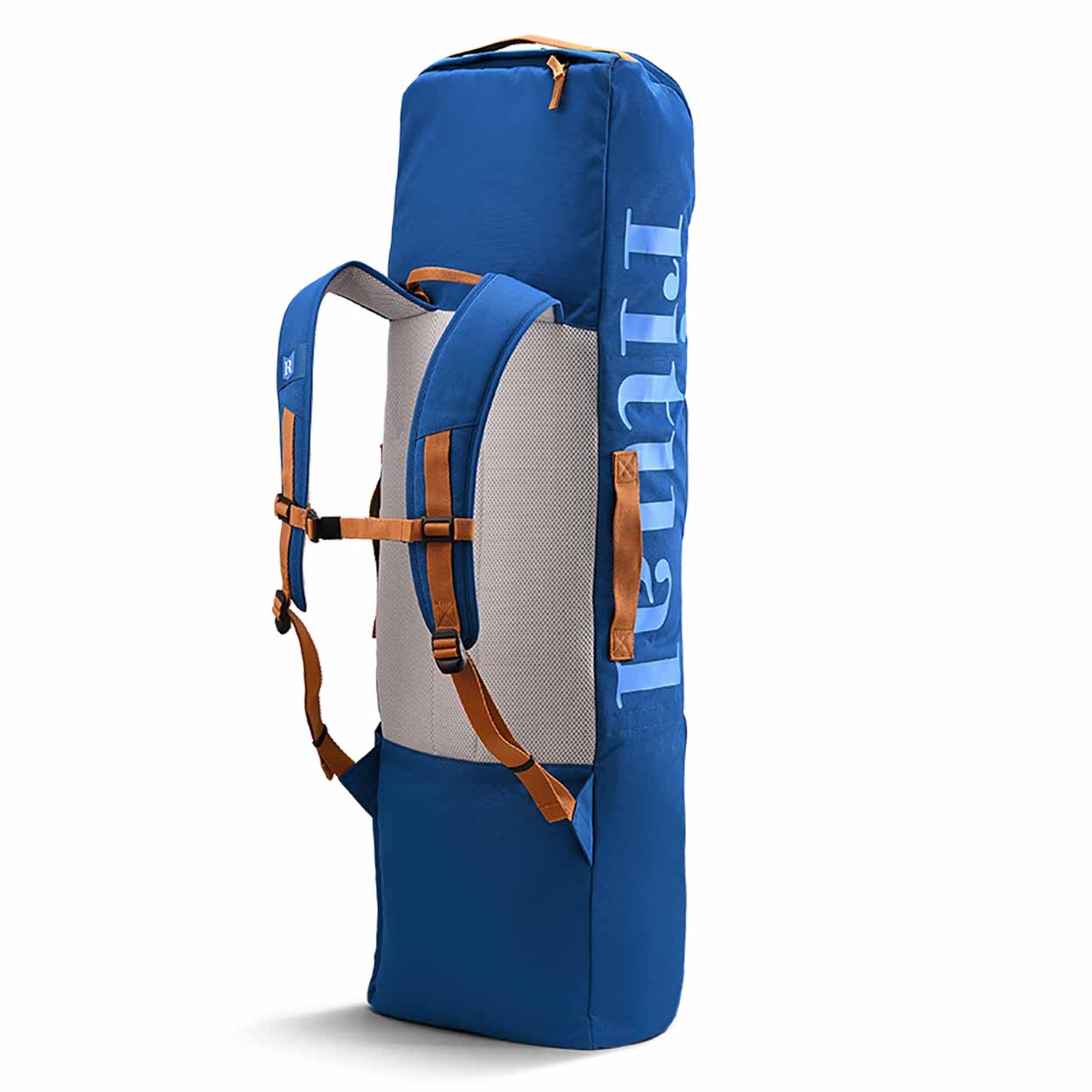 Back of the blue backpack with brown straps on a white background