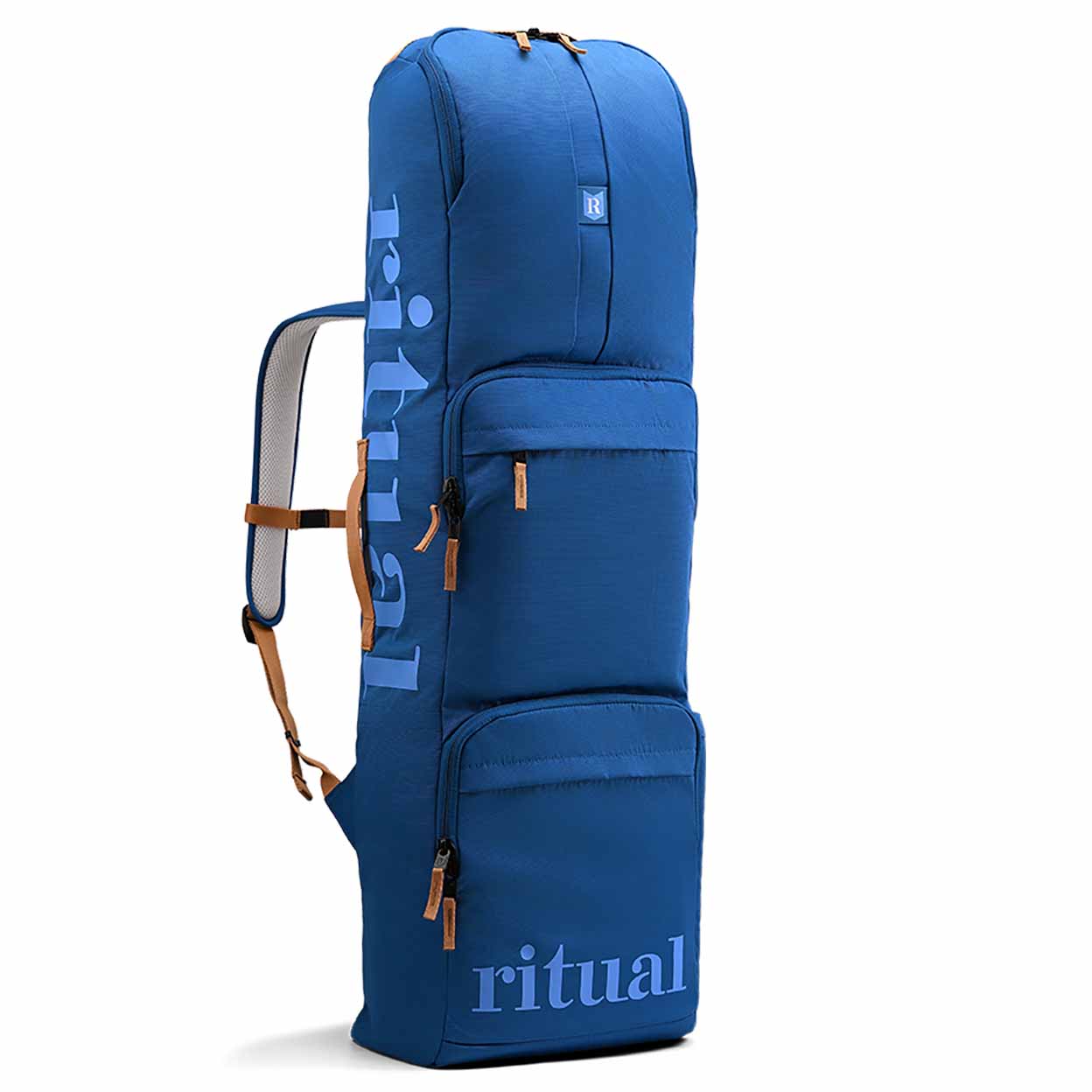 Blue backpack with 'ritual' branding on a white background