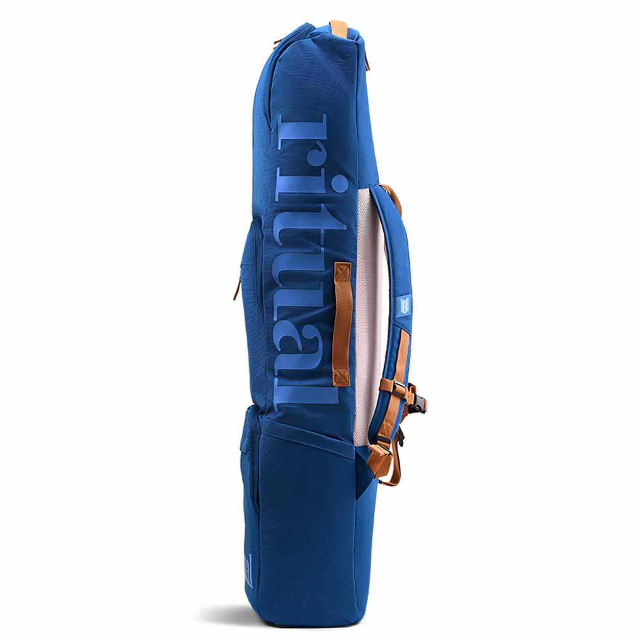Side of the Blue backpack with visible brand logo on a white background