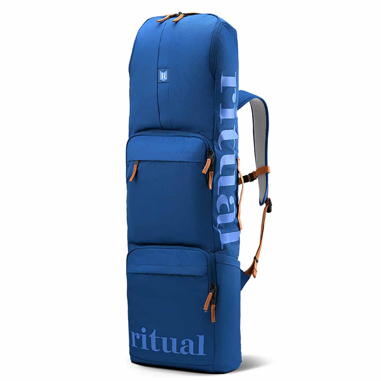 Blue backpack with 'ritual' branding on a white background