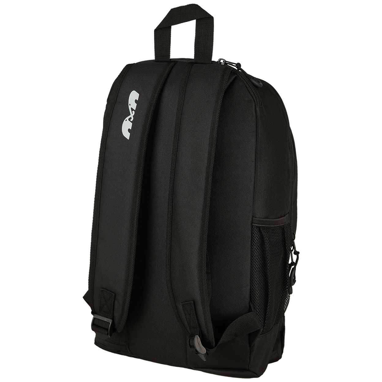 Black backpack with a logo on the back on a white background