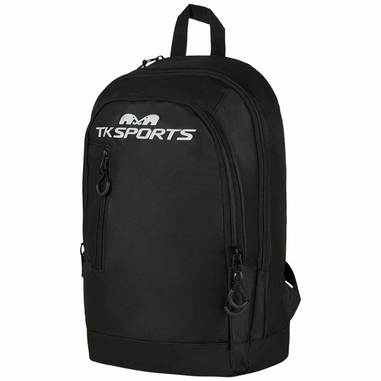 Black backpack with TK Sports logo on a white background