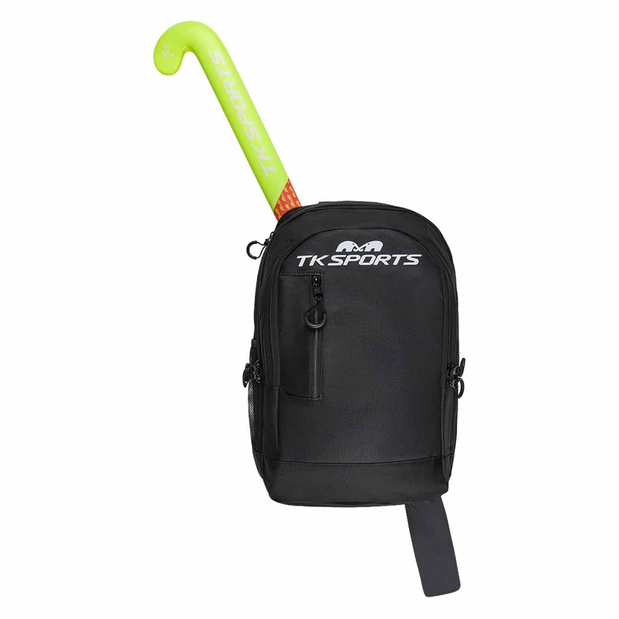 Black sports bag with a green and orange hockey stick on a white background