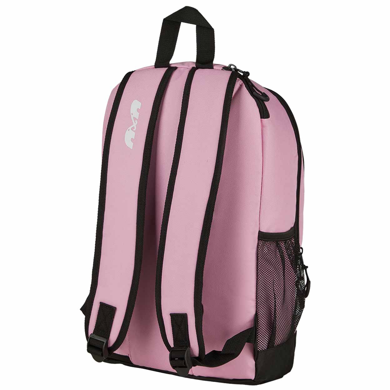 Pink backpack with black straps on a white background