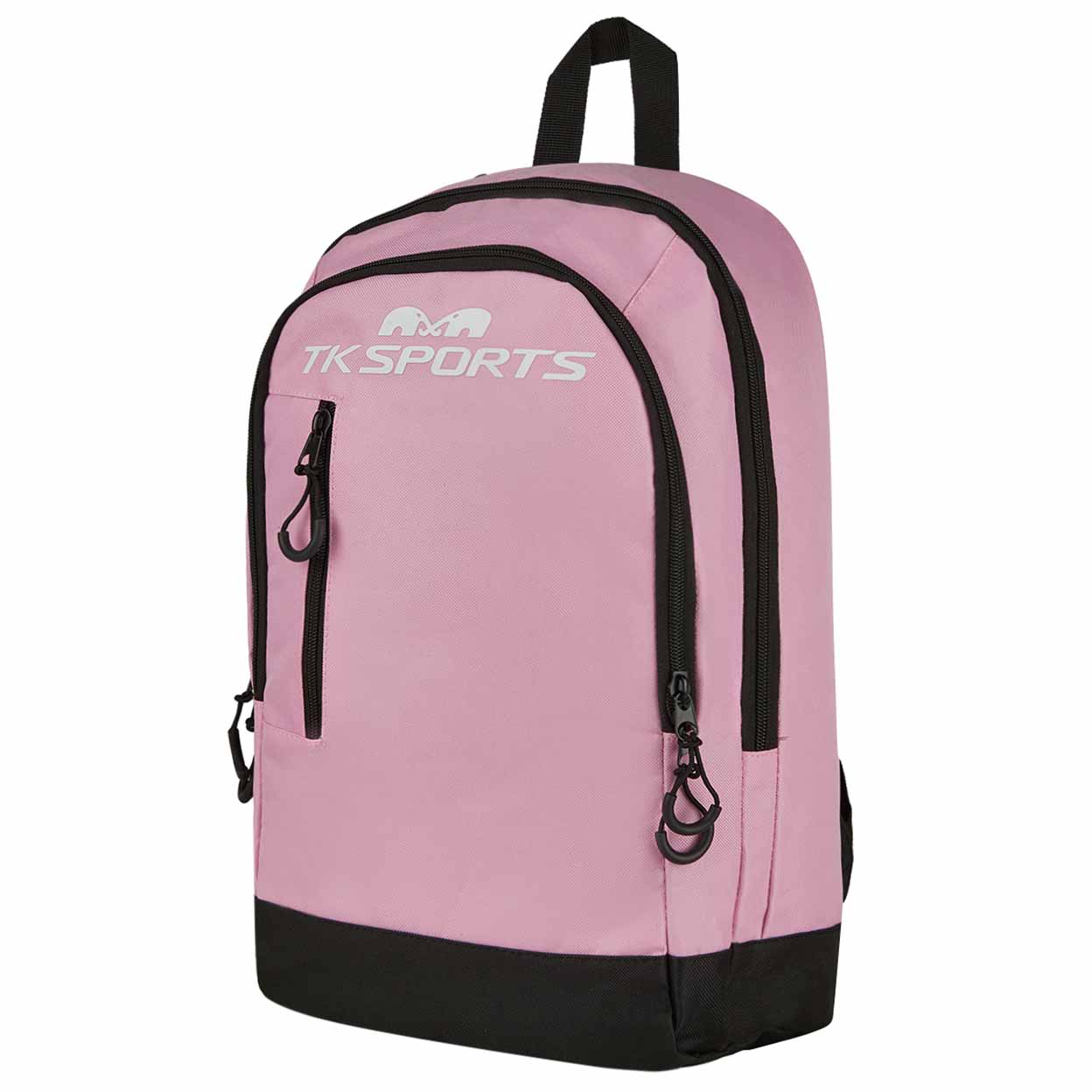 Pink backpack with black accents and TK Sports logo on a white background