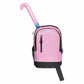 Pink backpack with a hockey stick on a white background