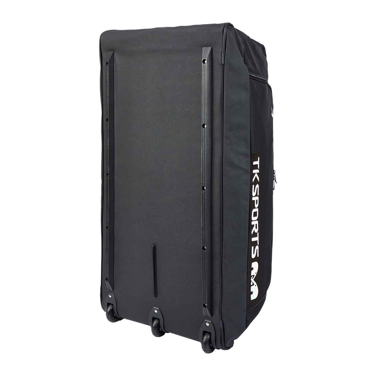 Back view of the TK5 Goalkeeping Bag showing the wheels and back supports.