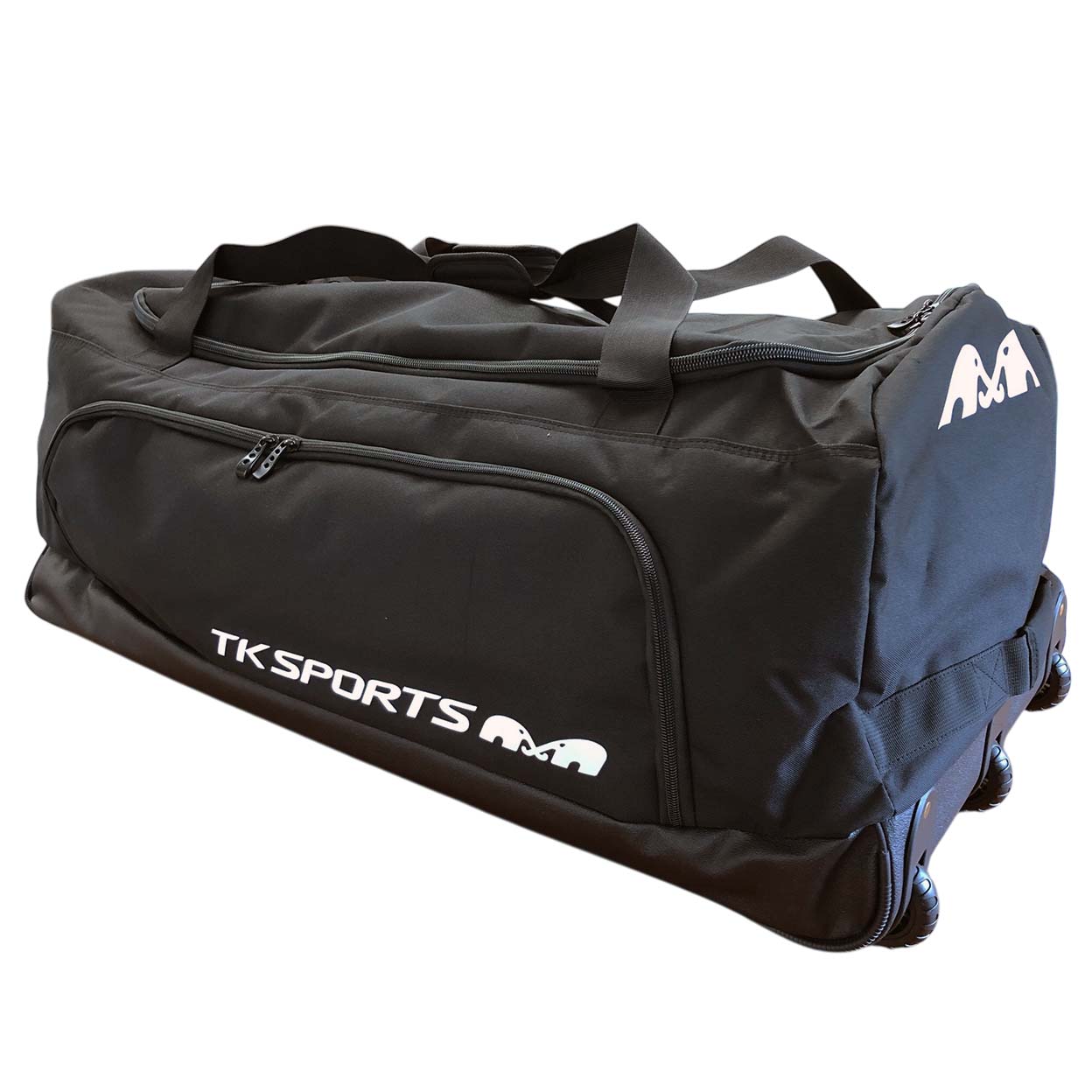 Angled front view of the TK5 Goalkeeping Bag showing the wheels.