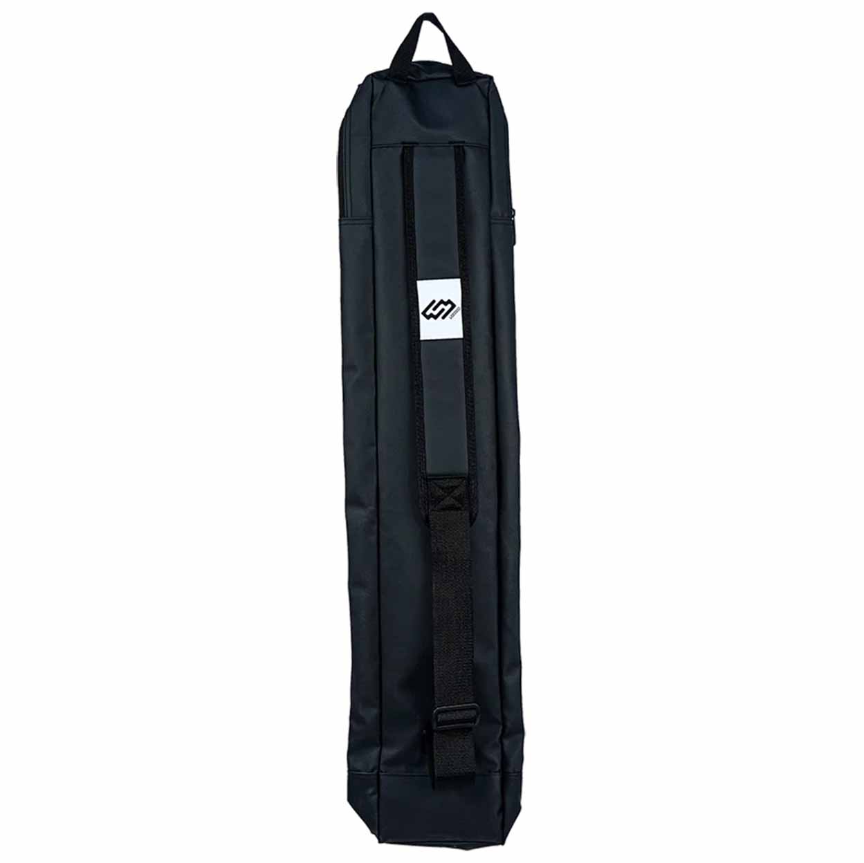 A tall, black padded stick bag with a top handle, side compression straps, and a white rectangular logo patch on the strap, shown against a plain white background.