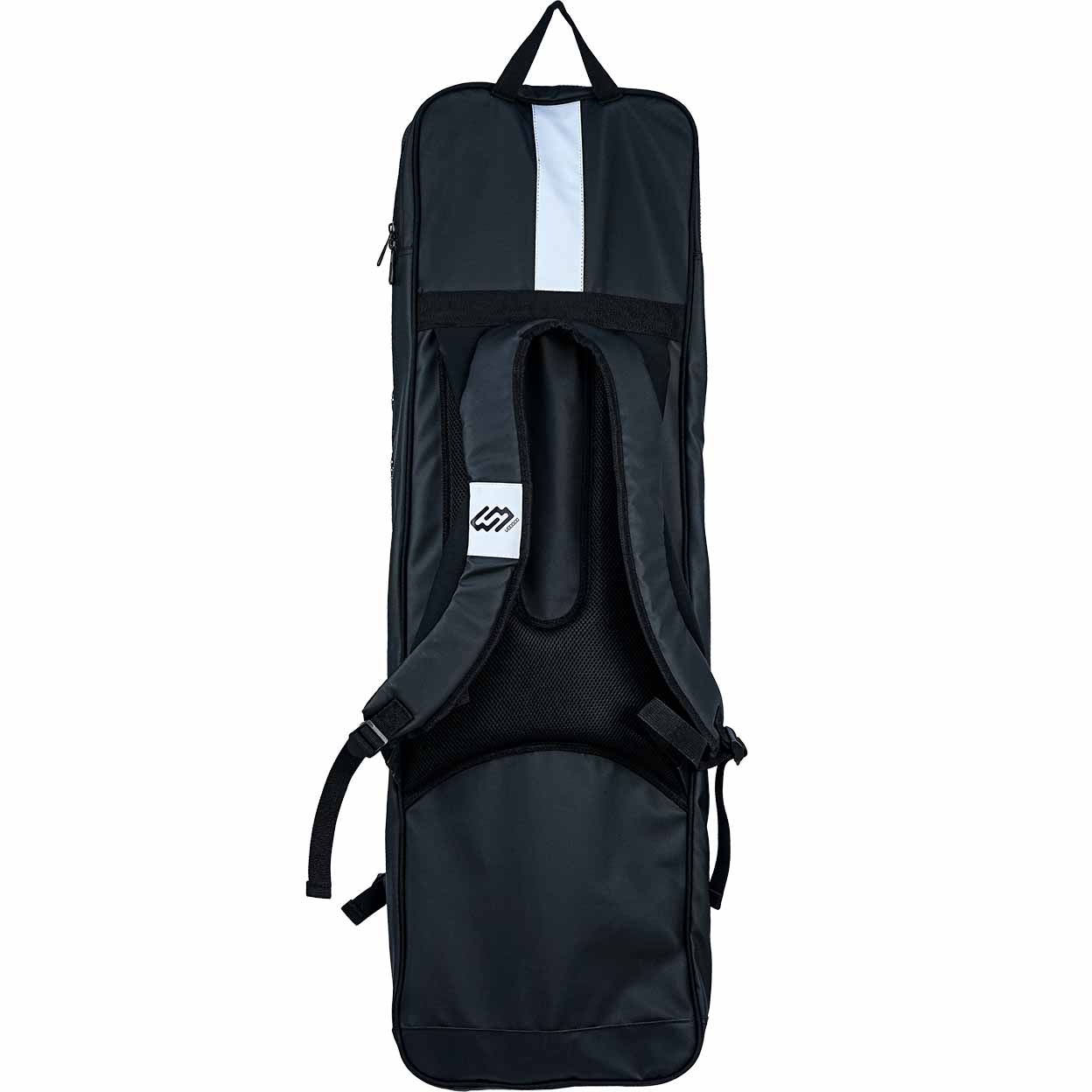 Back of a black stick bag with a brand logo on a white background