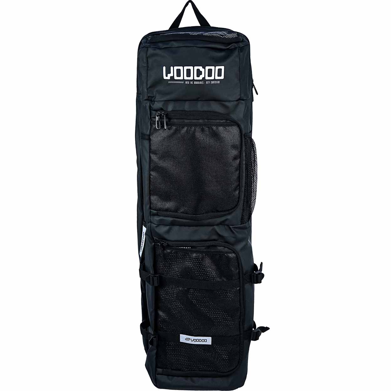 Black stick bag with multiple pockets and a visible brand logo on a white background