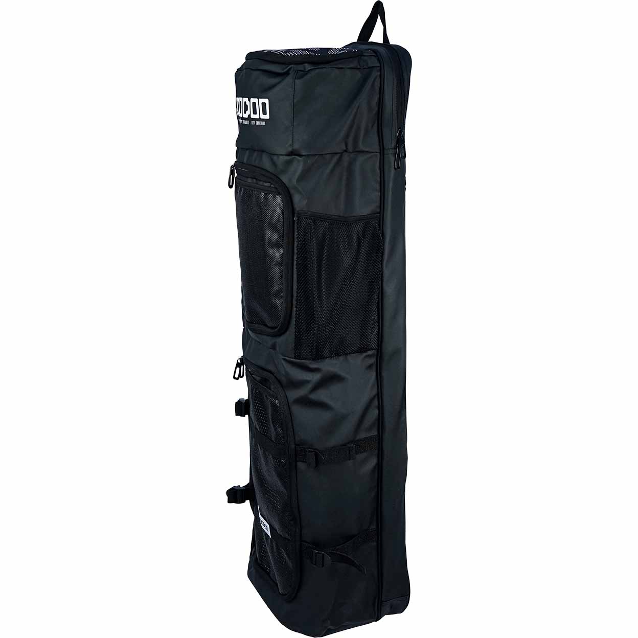 Black stick bag with multiple compartments on a white background
