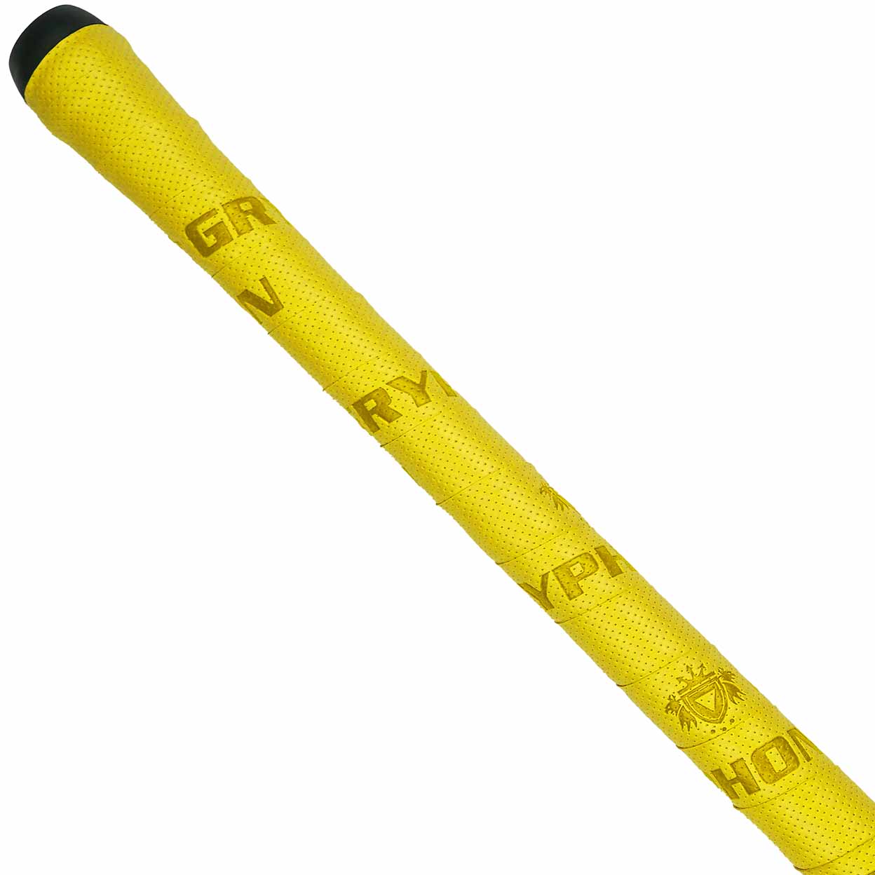 Yellow field hockey grip with branding on a white background