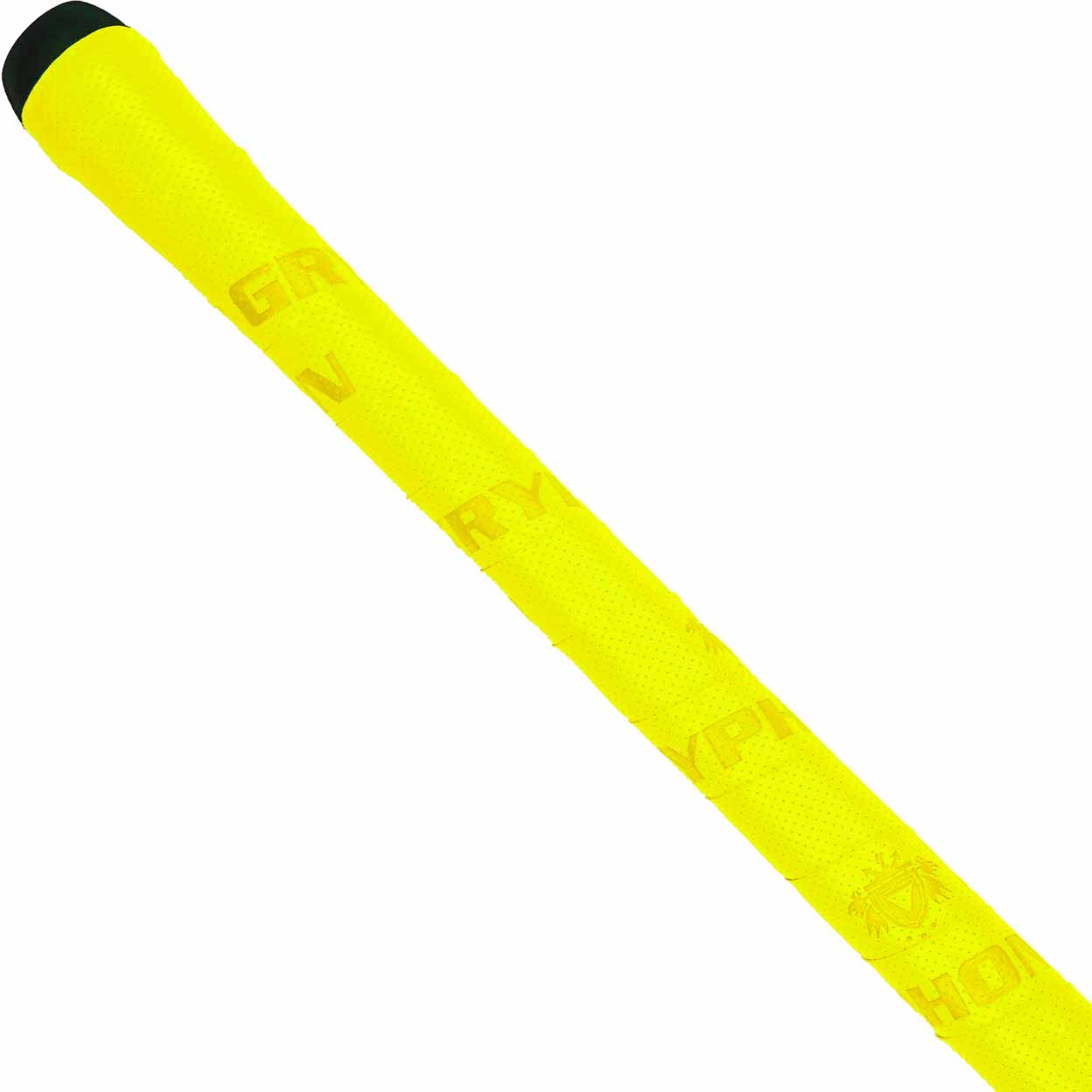Yellow field hockey stick grip  with black tip on a white background