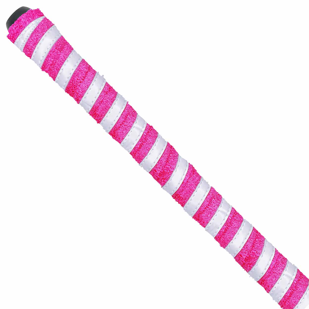 Pink and white striped towel grip on a white background
