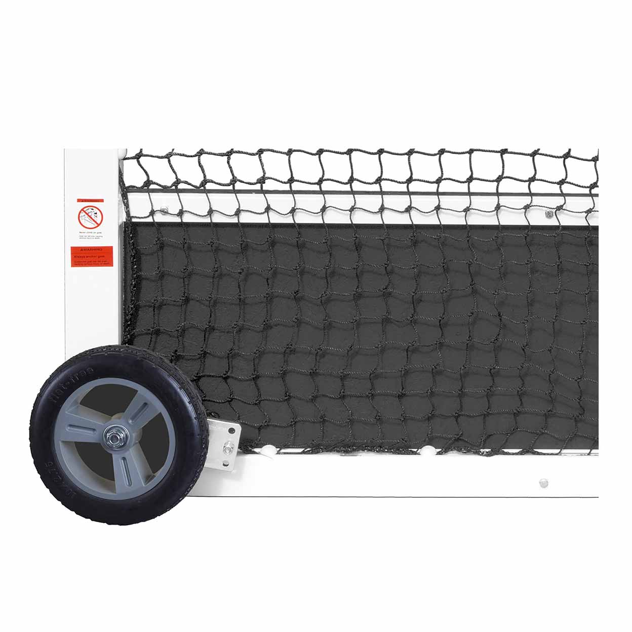 Black mesh barrier with a wheel on a white background