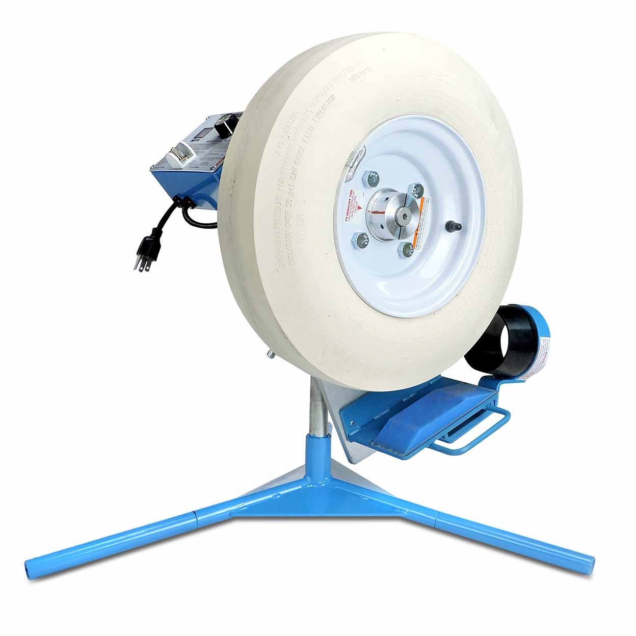 White tire on a blue stand with a white background