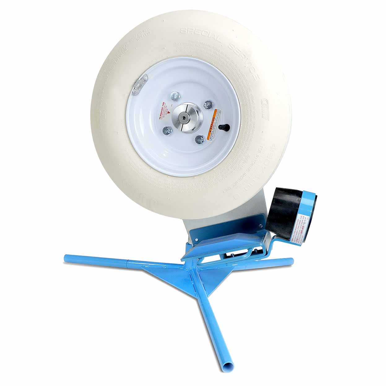 White wheel with blue stand on a white background