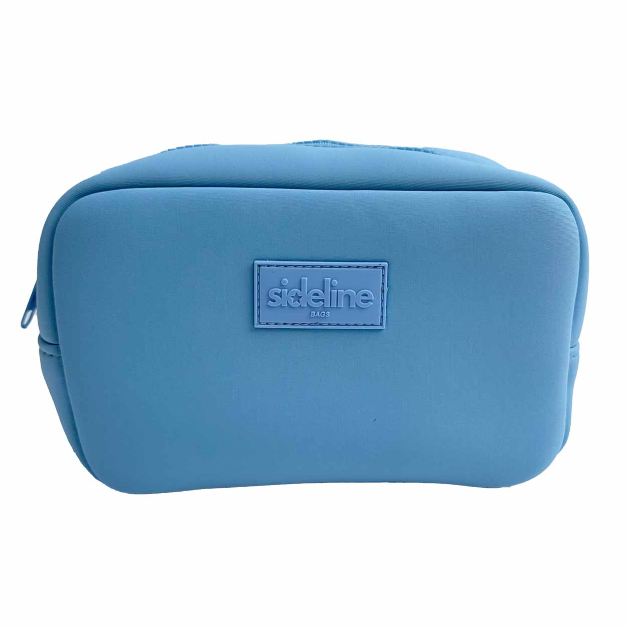 Blue toiletry bag with 'sideline' logo on a white background