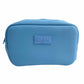 Blue toiletry bag with 'sideline' logo on a white background