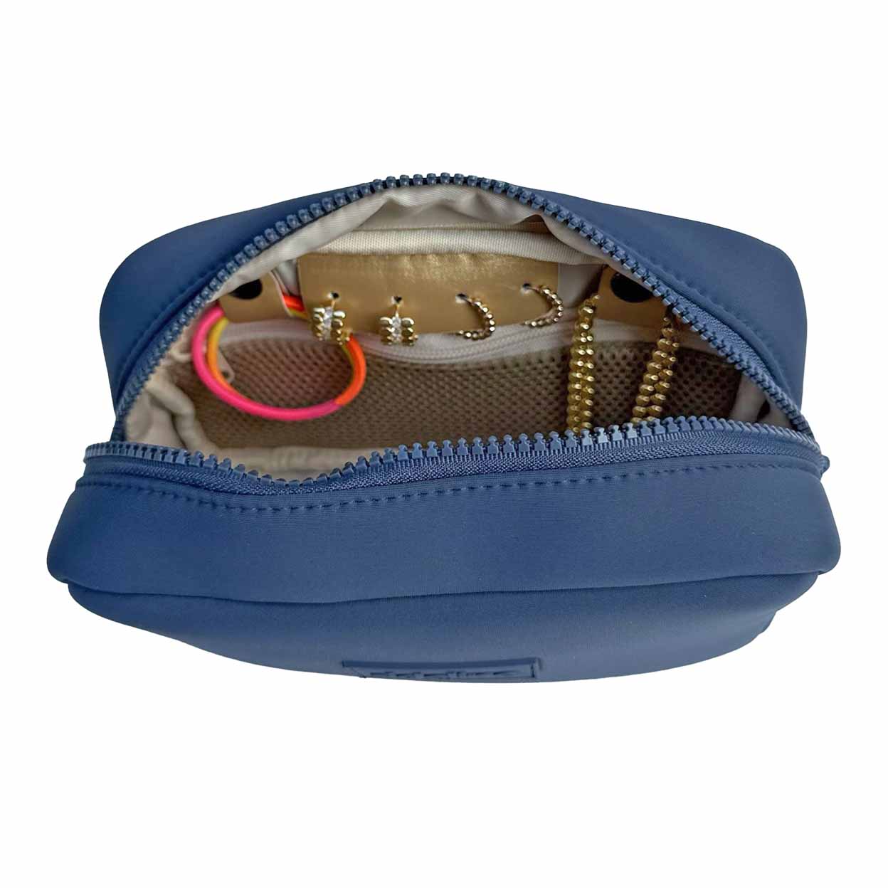 Blue jewelry case with open zipper displaying earrings on a white background