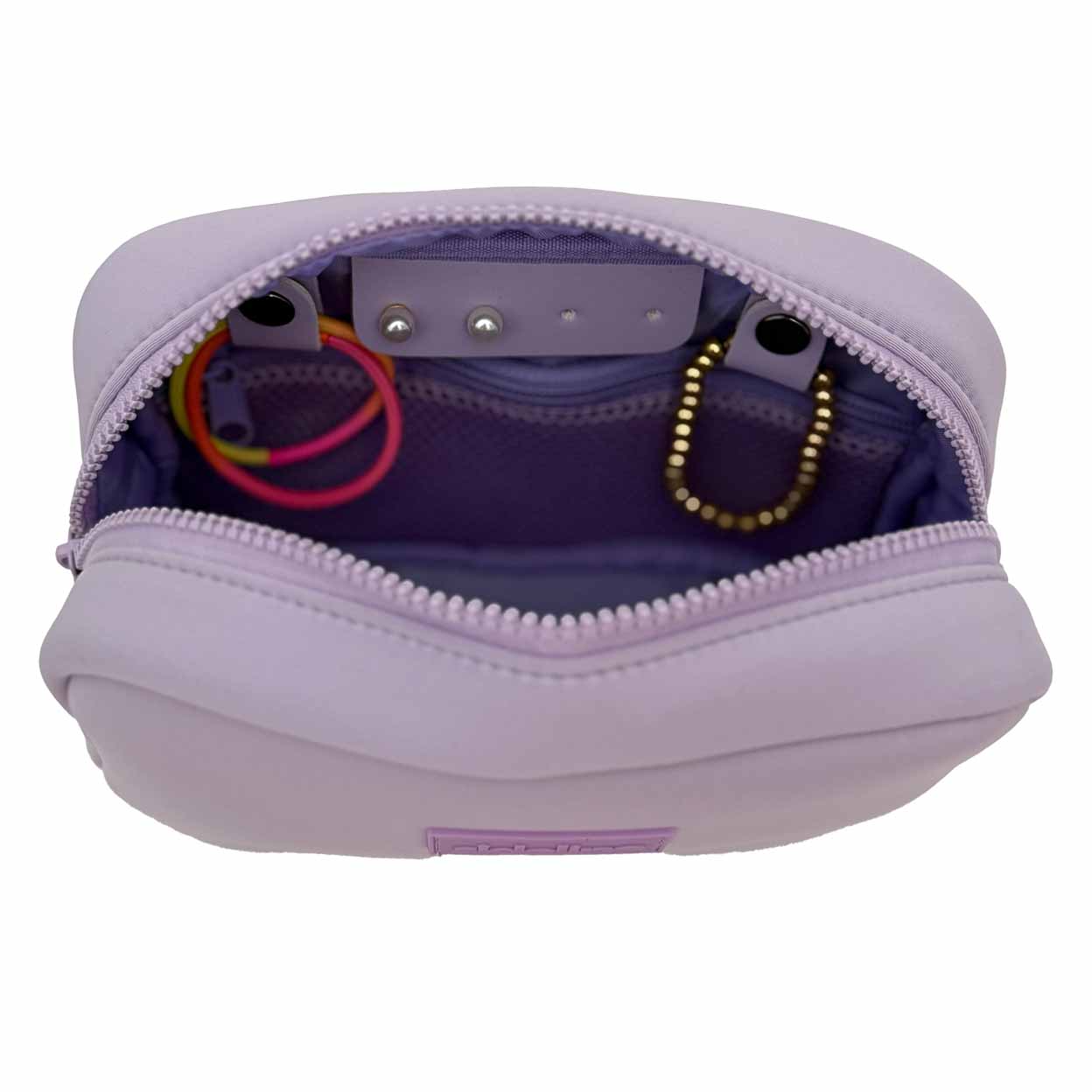 Purple zippered pouch with jewelry inside on a white background