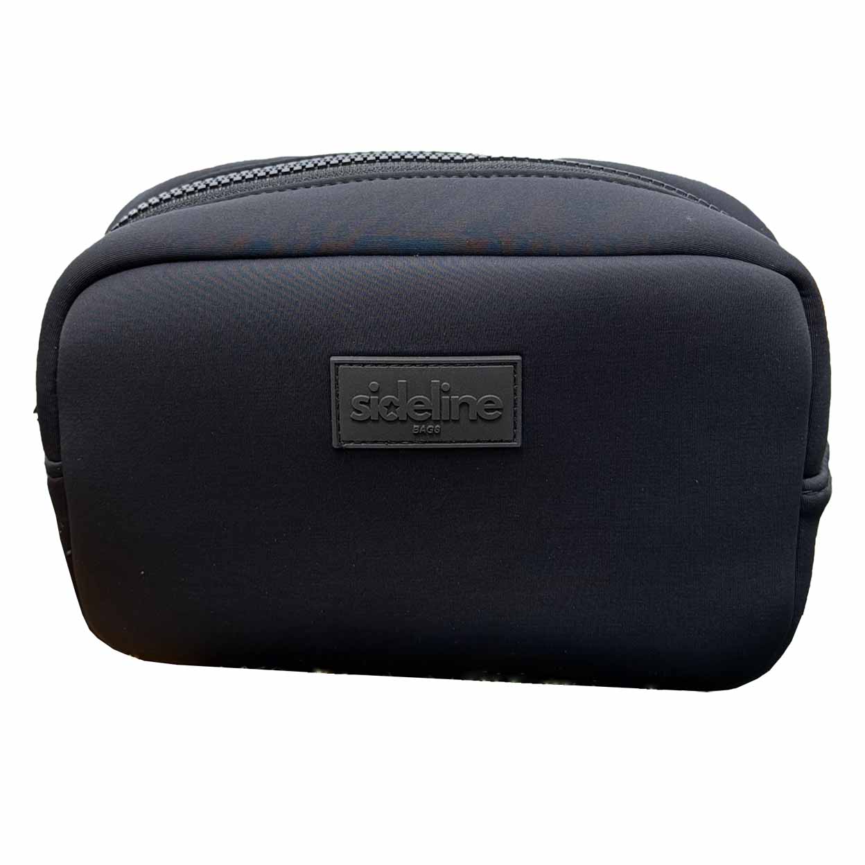 Black toiletry bag with 'sideline' brand logo on a white background