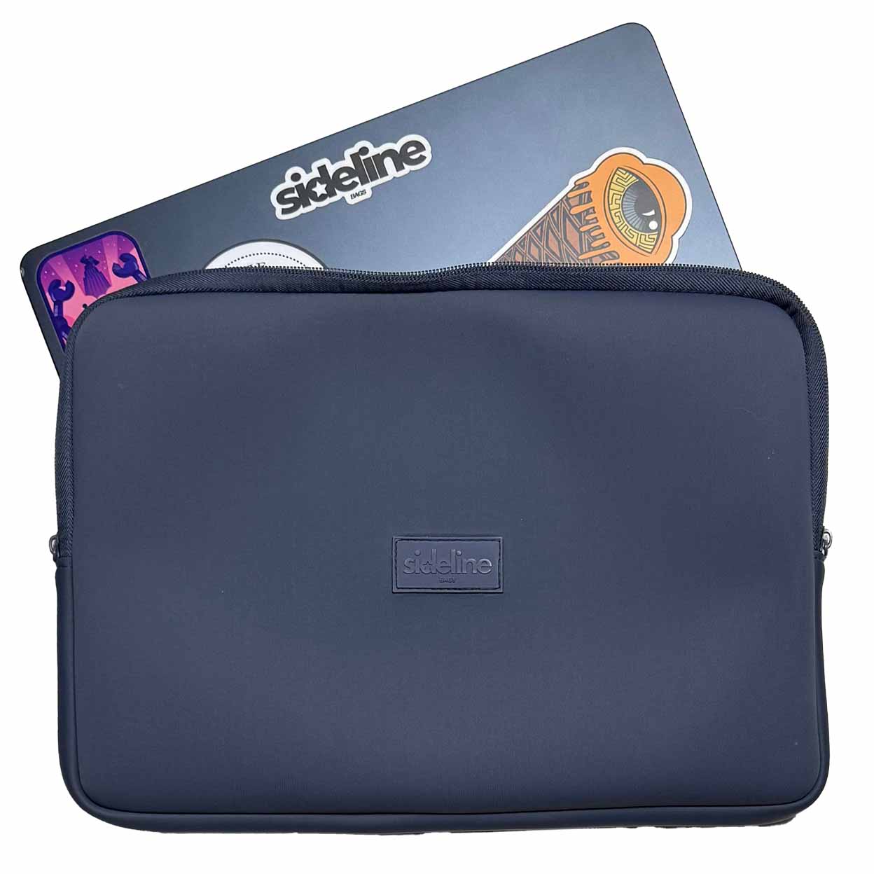 Navy blue laptop sleeve with 'sideline' branding on a white background