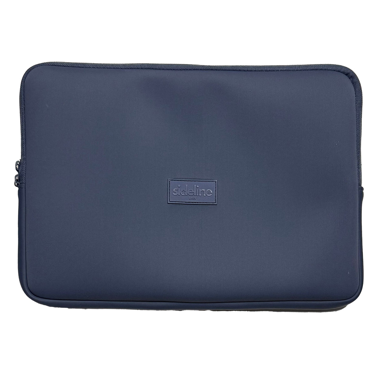Navy laptop sleeve with 'sideline' logo on a white background