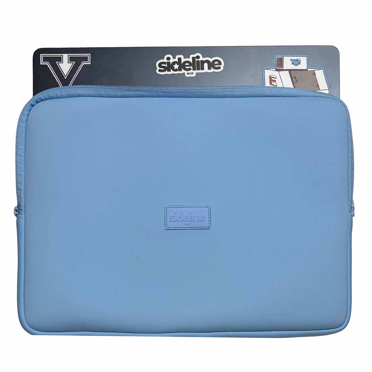 Blue laptop sleeve with 'sideline' branding on a white background