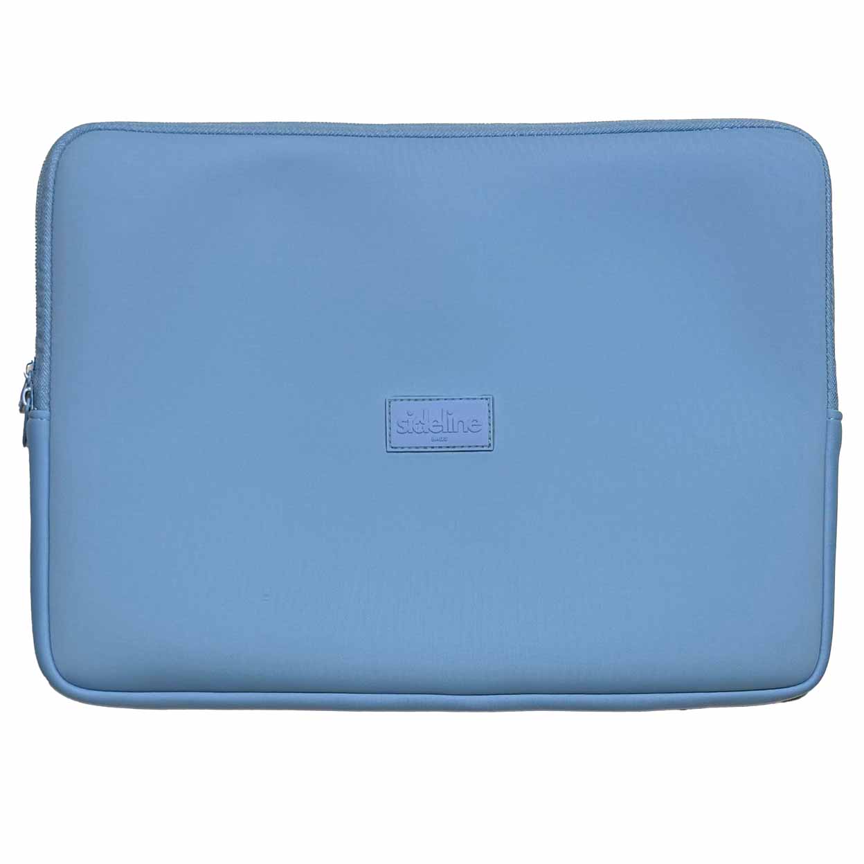 Blue laptop sleeve with 'sideline' branding on a white background