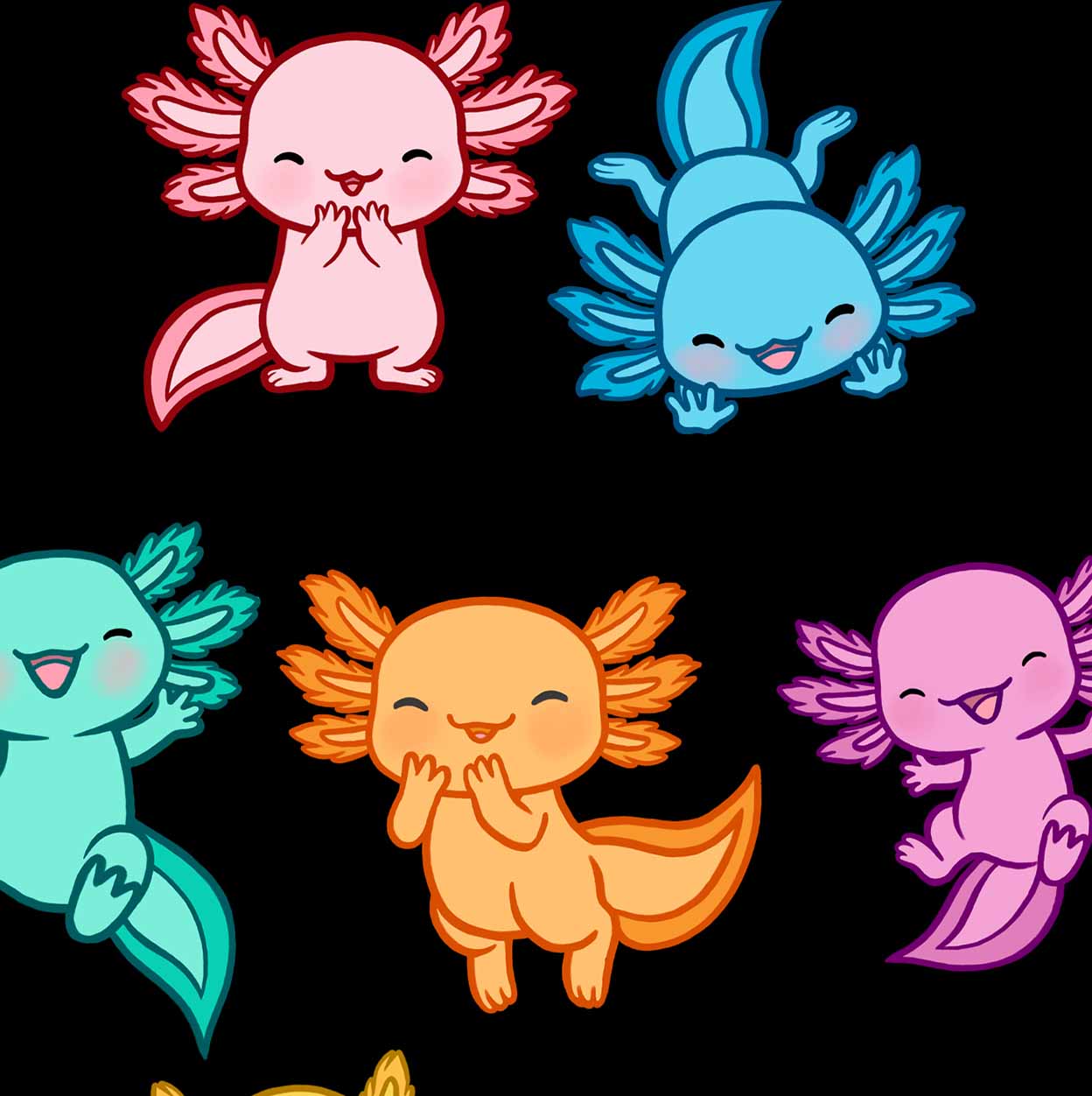 Colorful axolotl illustrations on a black background