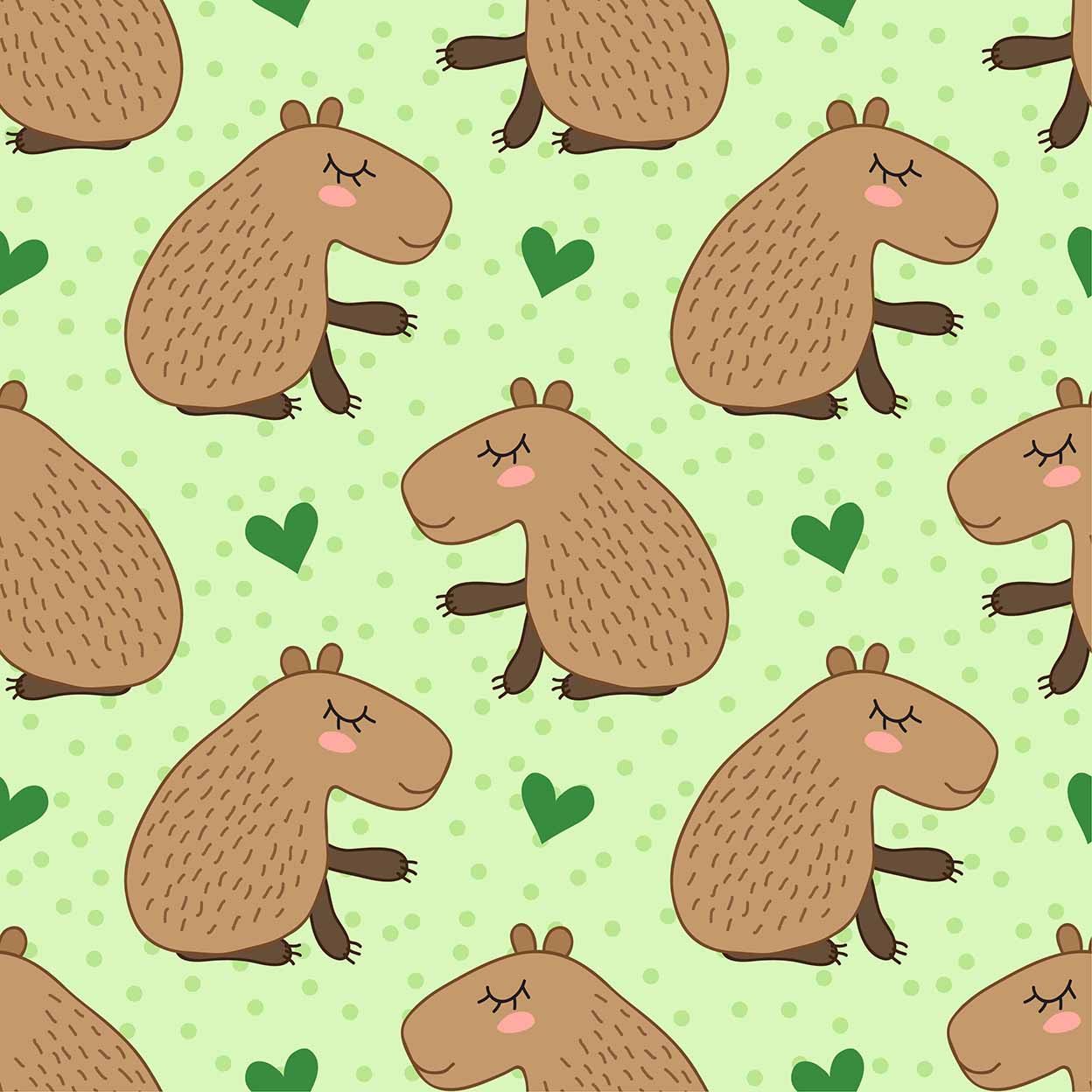 Pattern of cartoon cappies on a green background with hearts