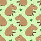 Pattern of cartoon cappies on a green background with hearts