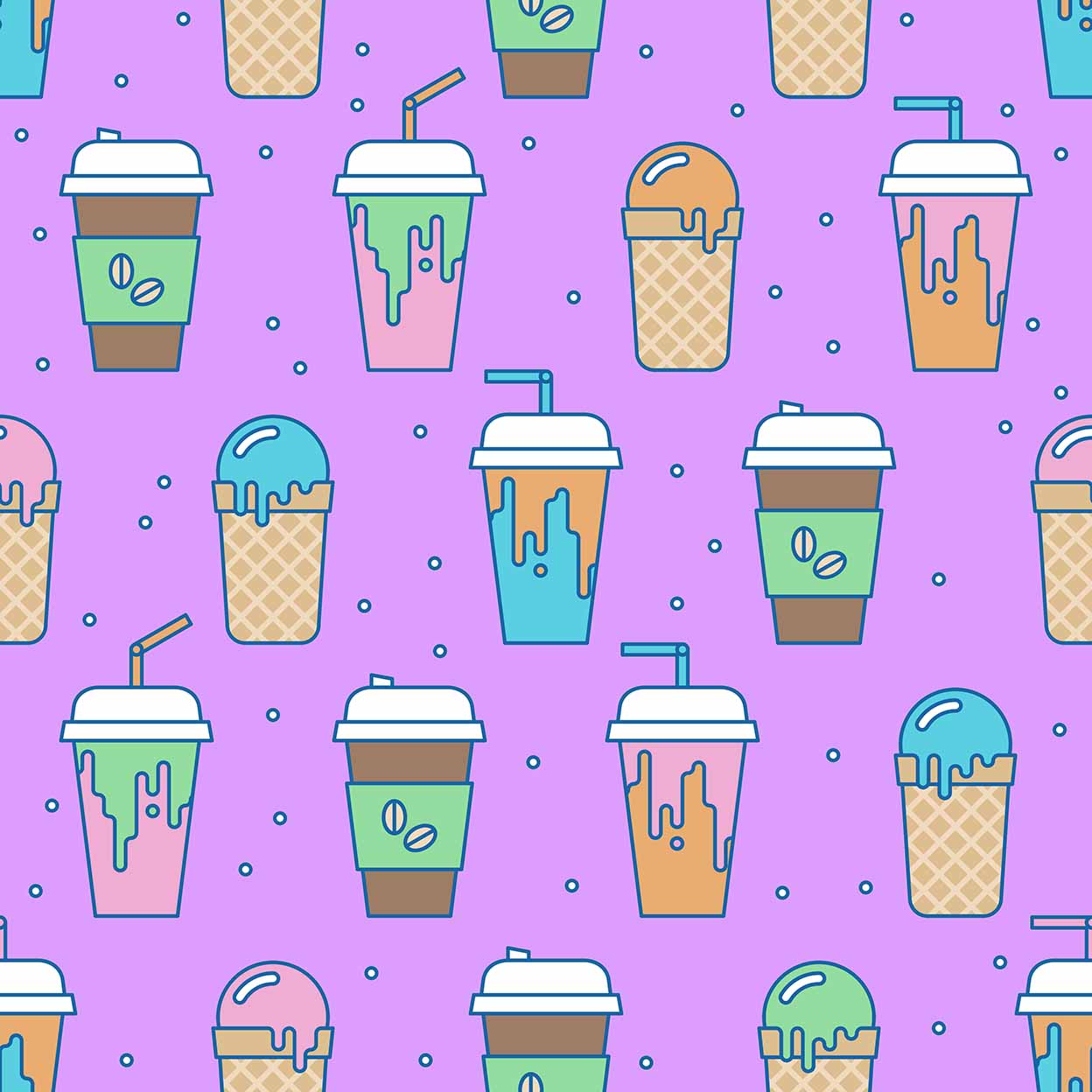 Pattern of colorful coffee drink cups on a purple background